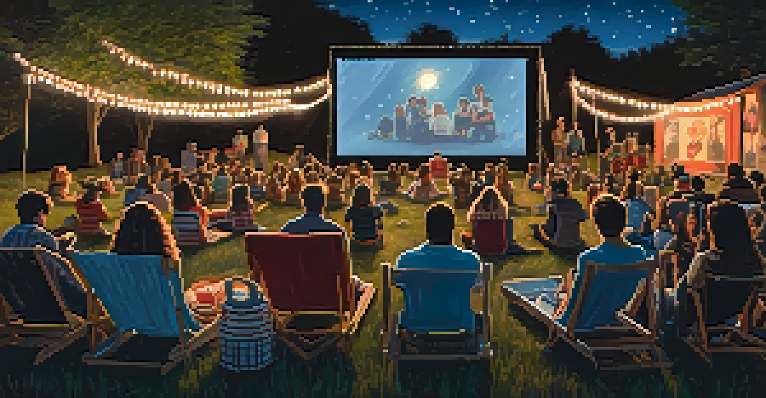 An outdoor movie screening with a large screen showing a classic film, and an audience sitting on blankets under a starry sky.