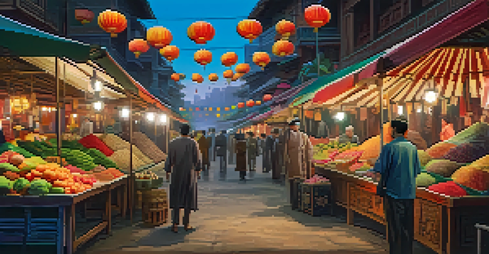 A film set blending Eastern and Western styles, featuring an Asian market with colorful stalls and modern film equipment.