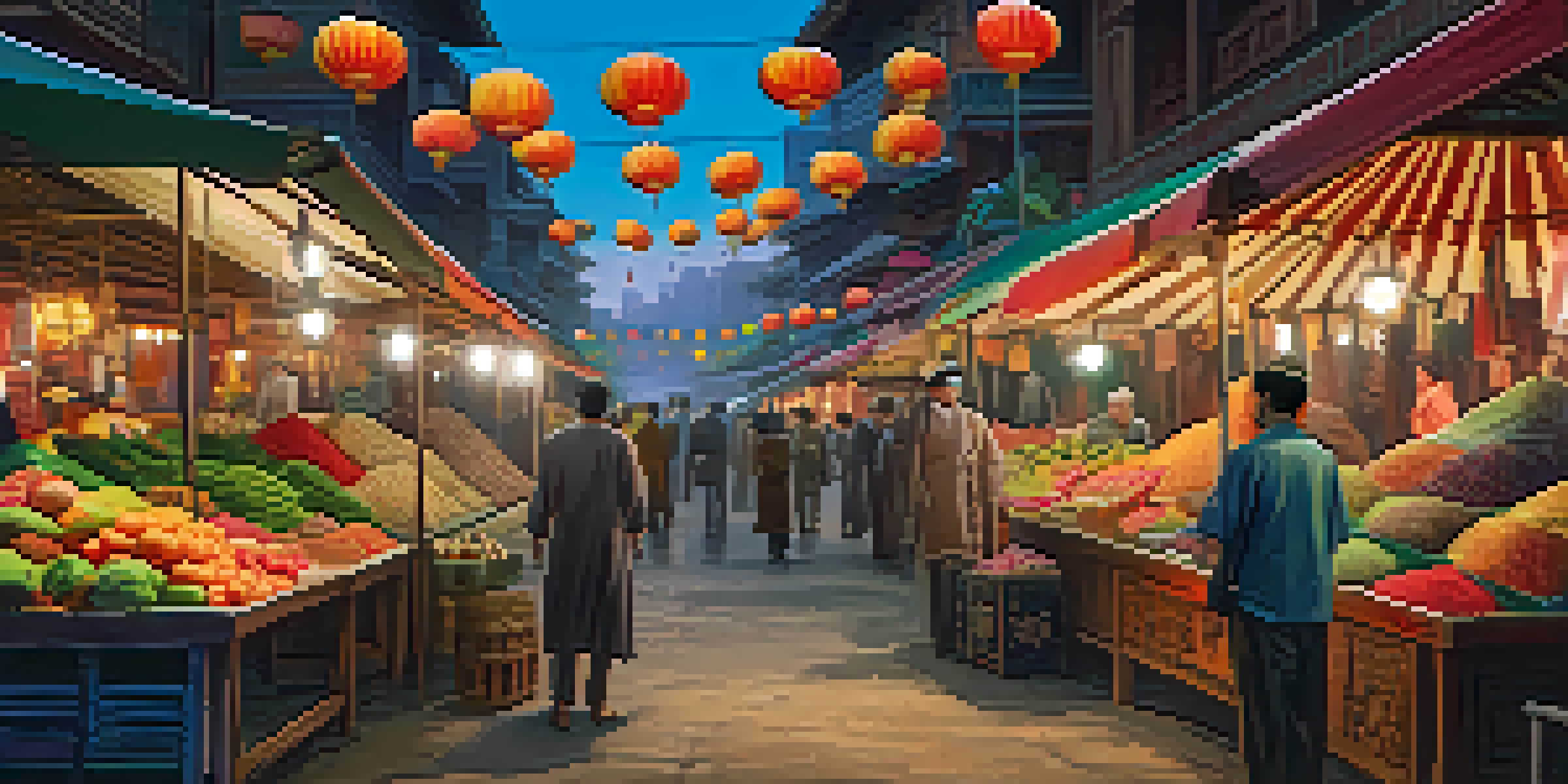 A film set blending Eastern and Western styles, featuring an Asian market with colorful stalls and modern film equipment.