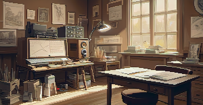A vintage animation studio with early equipment and sketches, illuminated by soft sunlight.