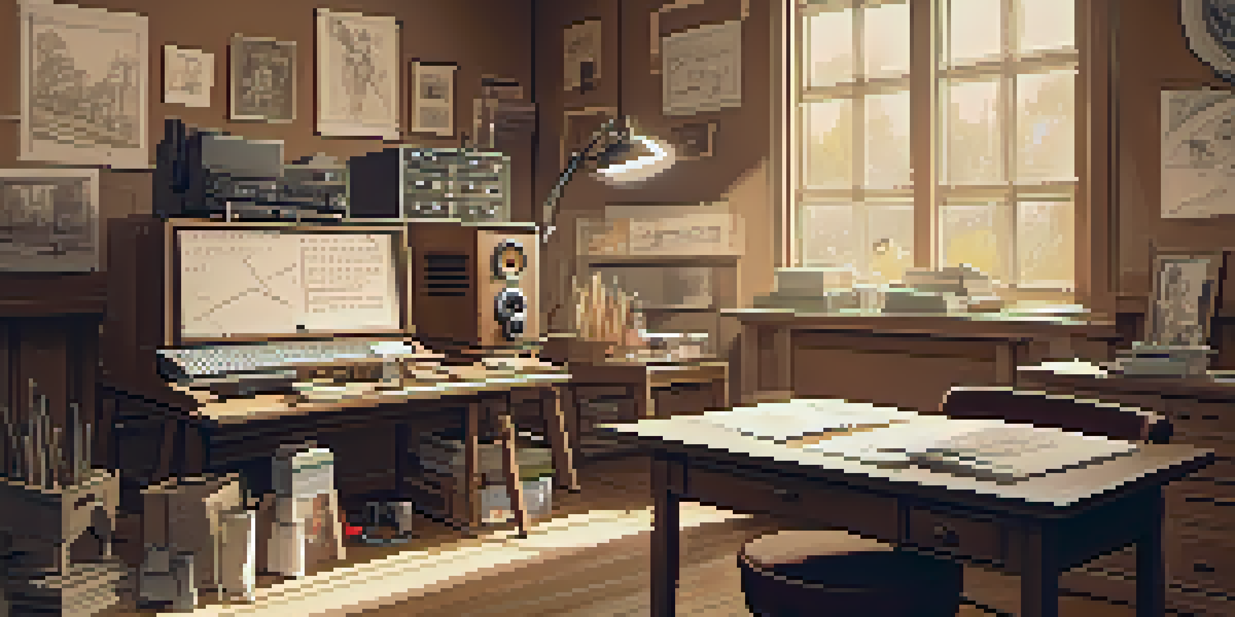 A vintage animation studio with early equipment and sketches, illuminated by soft sunlight.