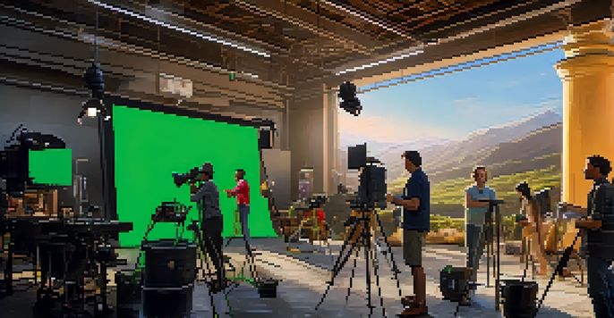 A lively film production set with a diverse crew working together, colorful equipment, and a large green screen under warm sunlight.
