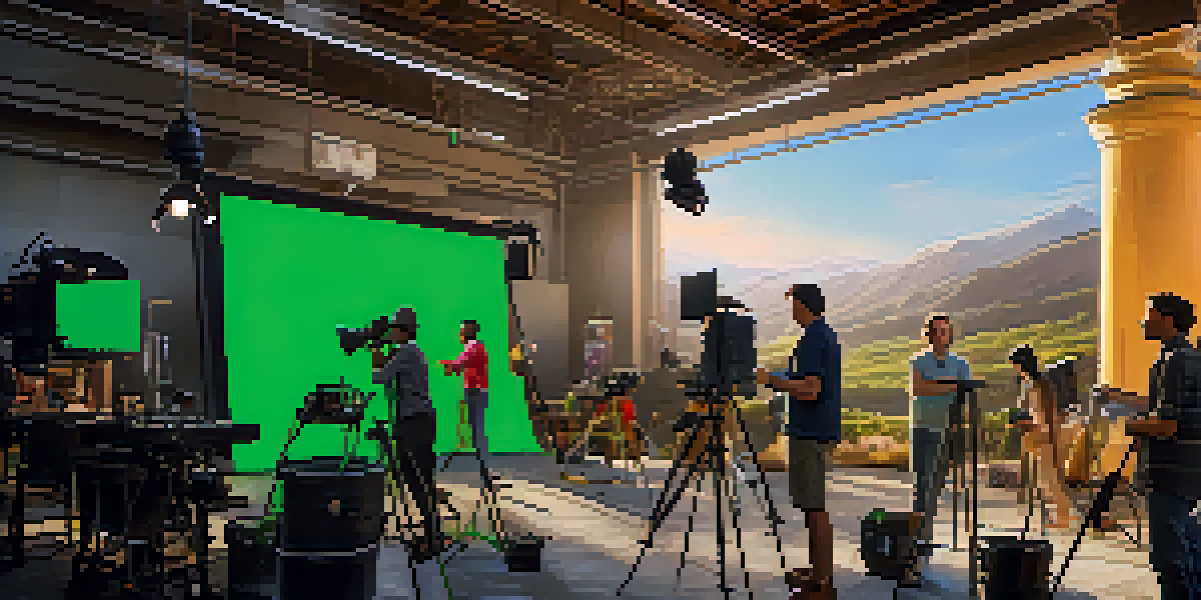 A lively film production set with a diverse crew working together, colorful equipment, and a large green screen under warm sunlight.