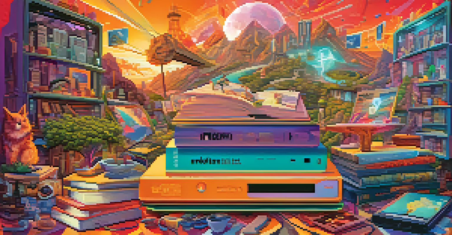 A colorful digital landscape depicting various storytelling mediums like books, films, and video games, interconnected with glowing lines.