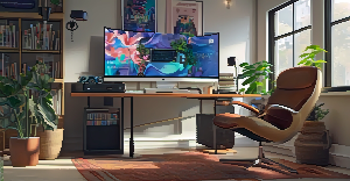 A modern home office setup for live streaming, with colorful LED lights and movie posters on the walls.