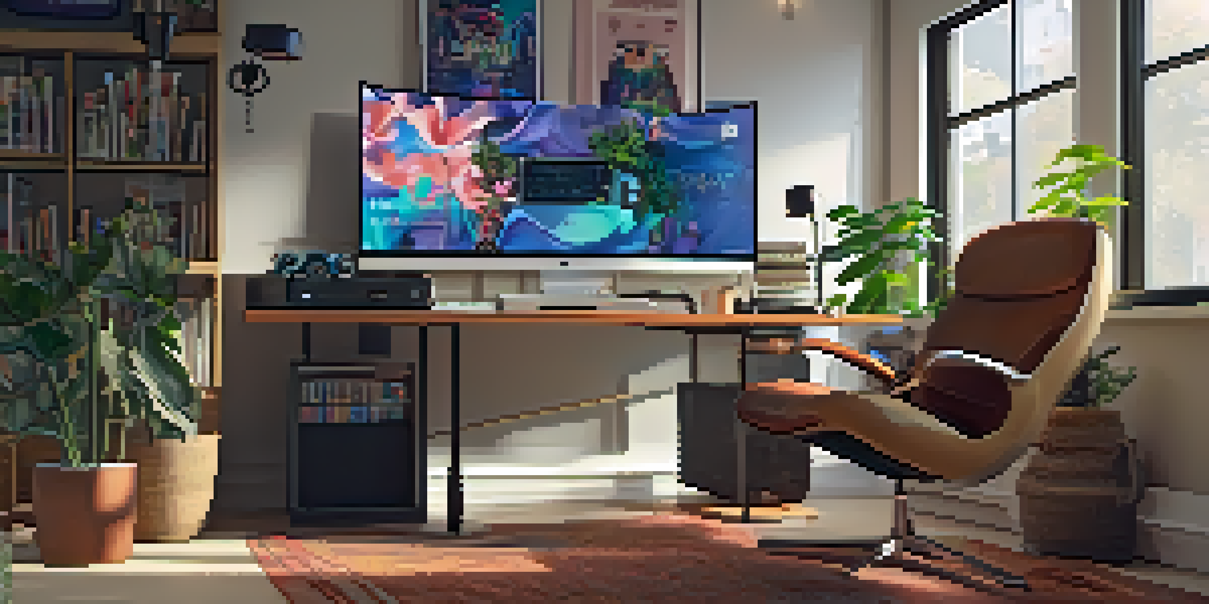 A modern home office setup for live streaming, with colorful LED lights and movie posters on the walls.