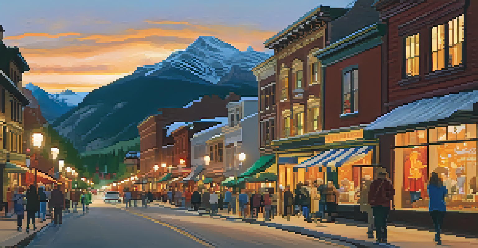 A vibrant street scene in Telluride during the film festival, featuring charming shops and art galleries, with attendees enjoying the atmosphere.
