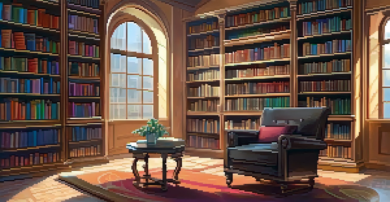A warm and cozy library with bookshelves, an armchair, and a window letting in soft daylight.
