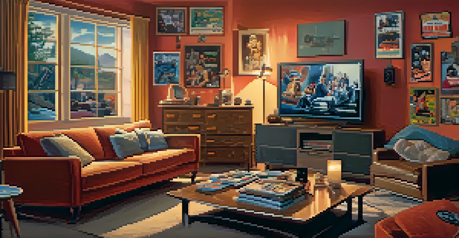 A cozy living room filled with nostalgic film memorabilia and a large screen showing a scene from a cult classic movie in warm lighting.