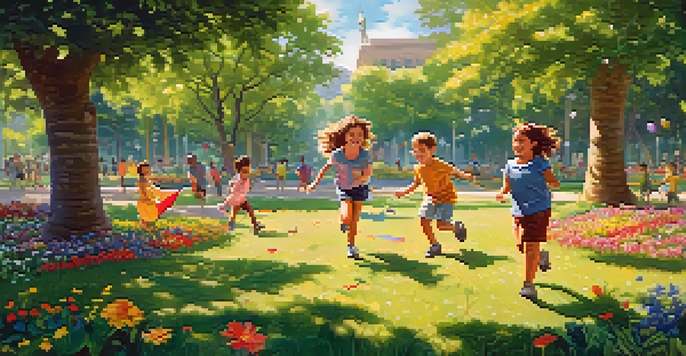 A diverse group of animated children playing joyfully in a vibrant park, surrounded by green trees and colorful flowers.