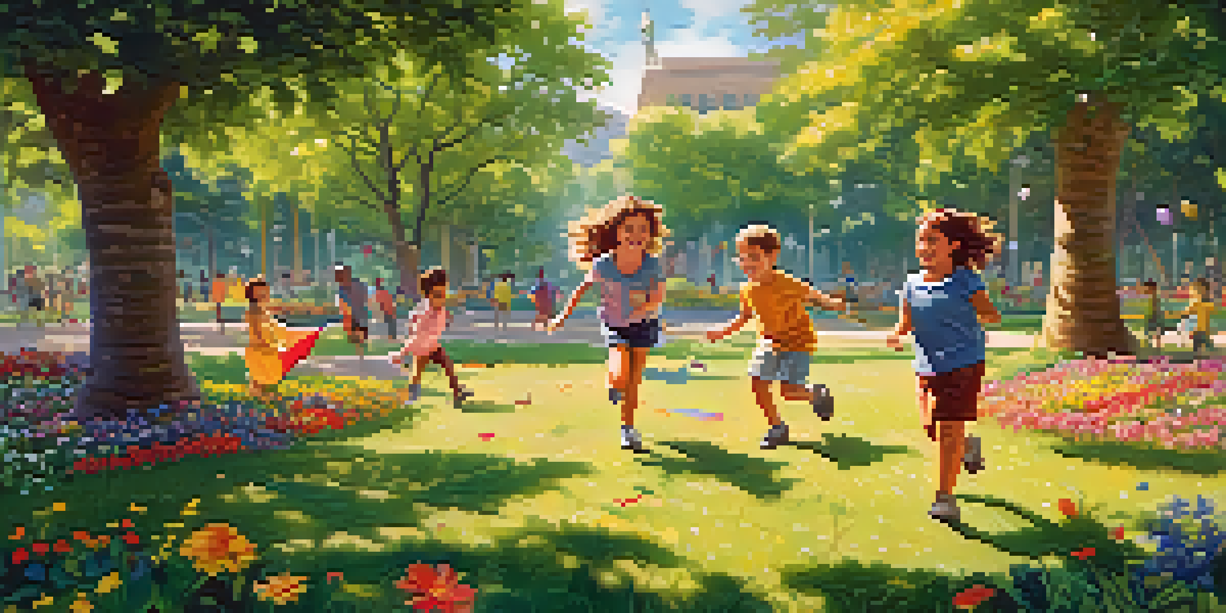 A diverse group of animated children playing joyfully in a vibrant park, surrounded by green trees and colorful flowers.