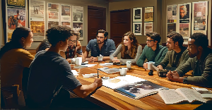 A diverse group of people engaged in a film criticism workshop, discussing around a wooden table in a warmly lit room with movie posters on the walls.