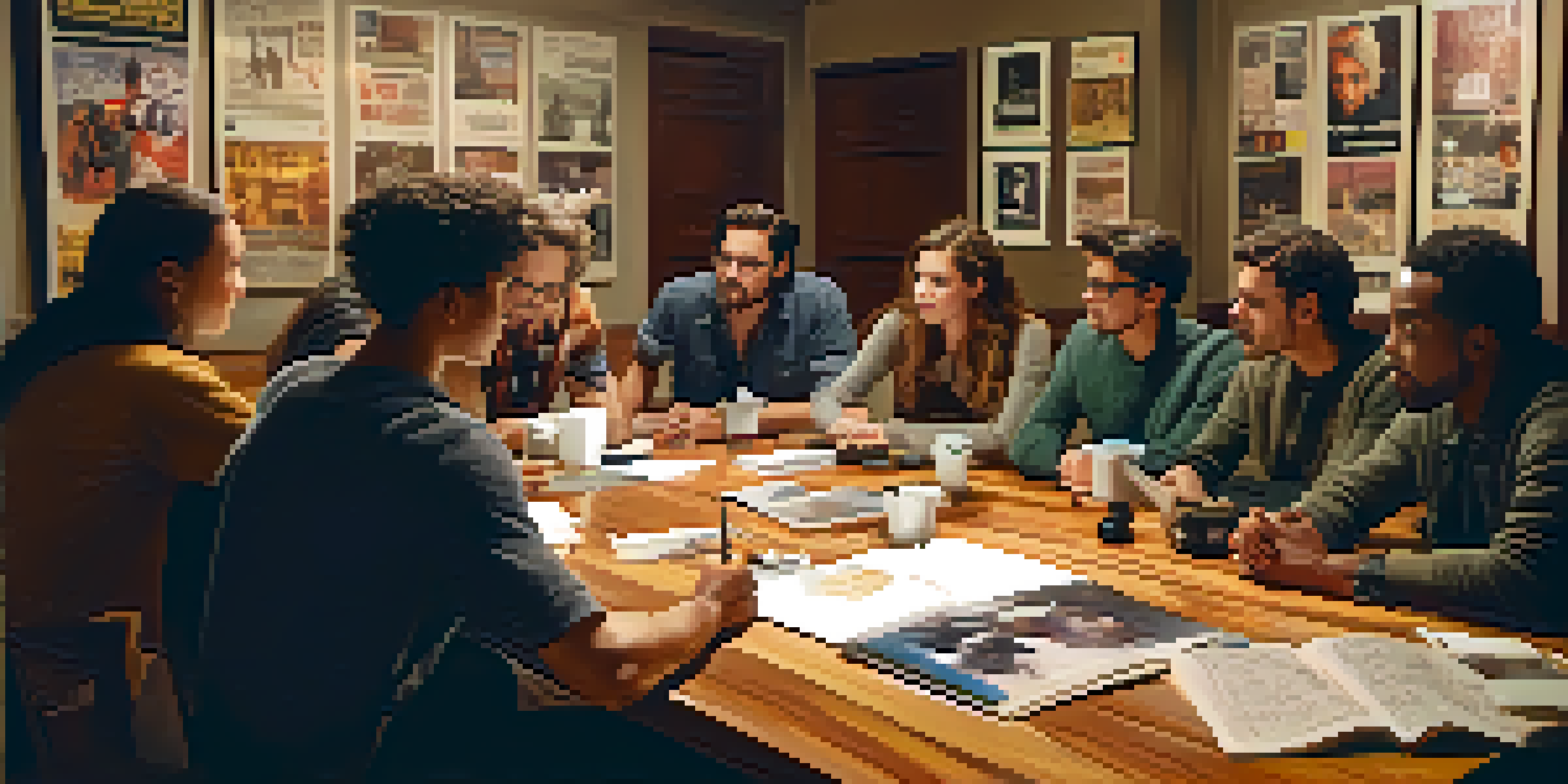 A diverse group of people engaged in a film criticism workshop, discussing around a wooden table in a warmly lit room with movie posters on the walls.