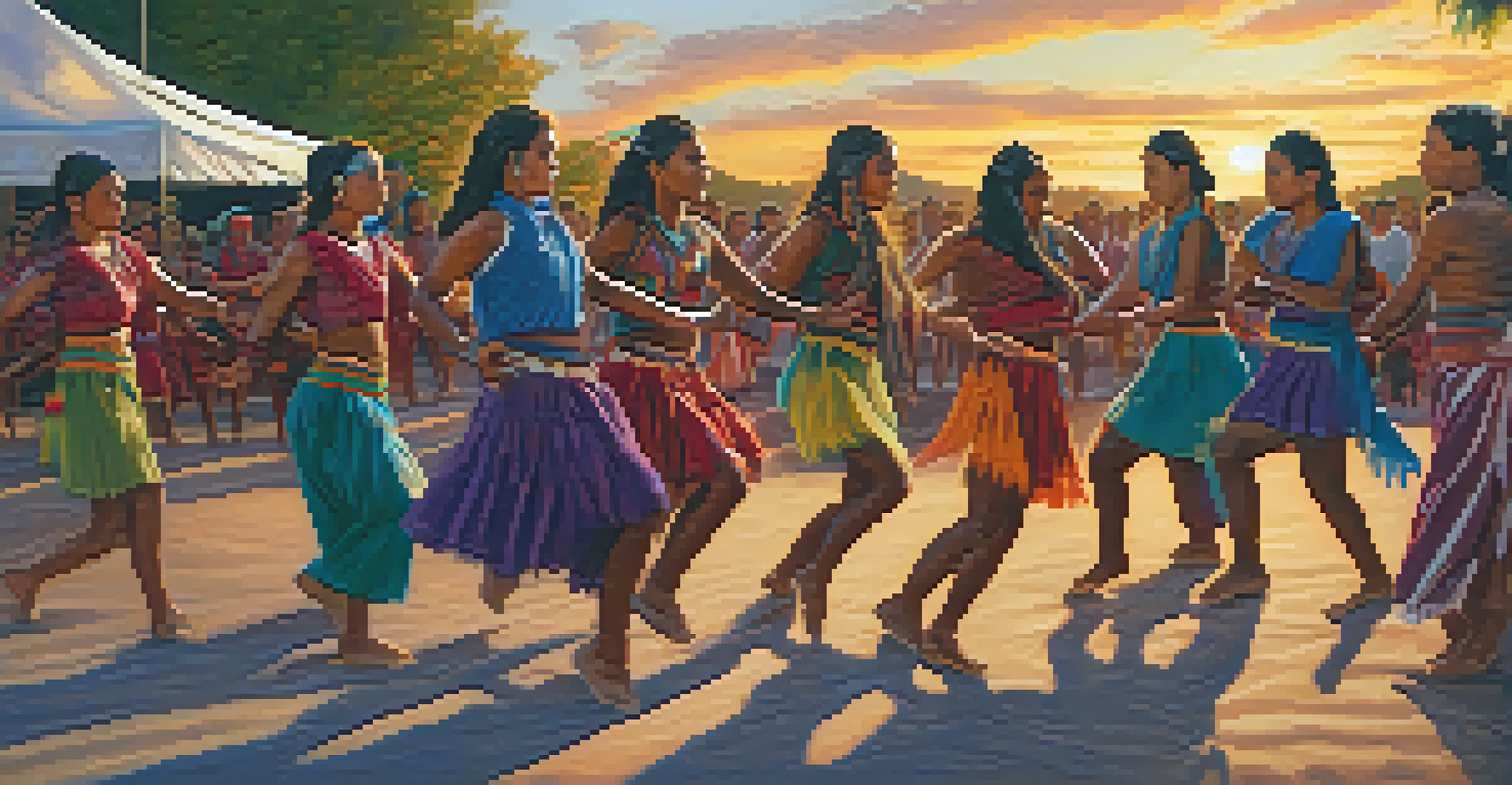 Indigenous youth performing a cultural dance at a festival, with a vibrant sunset in the background.