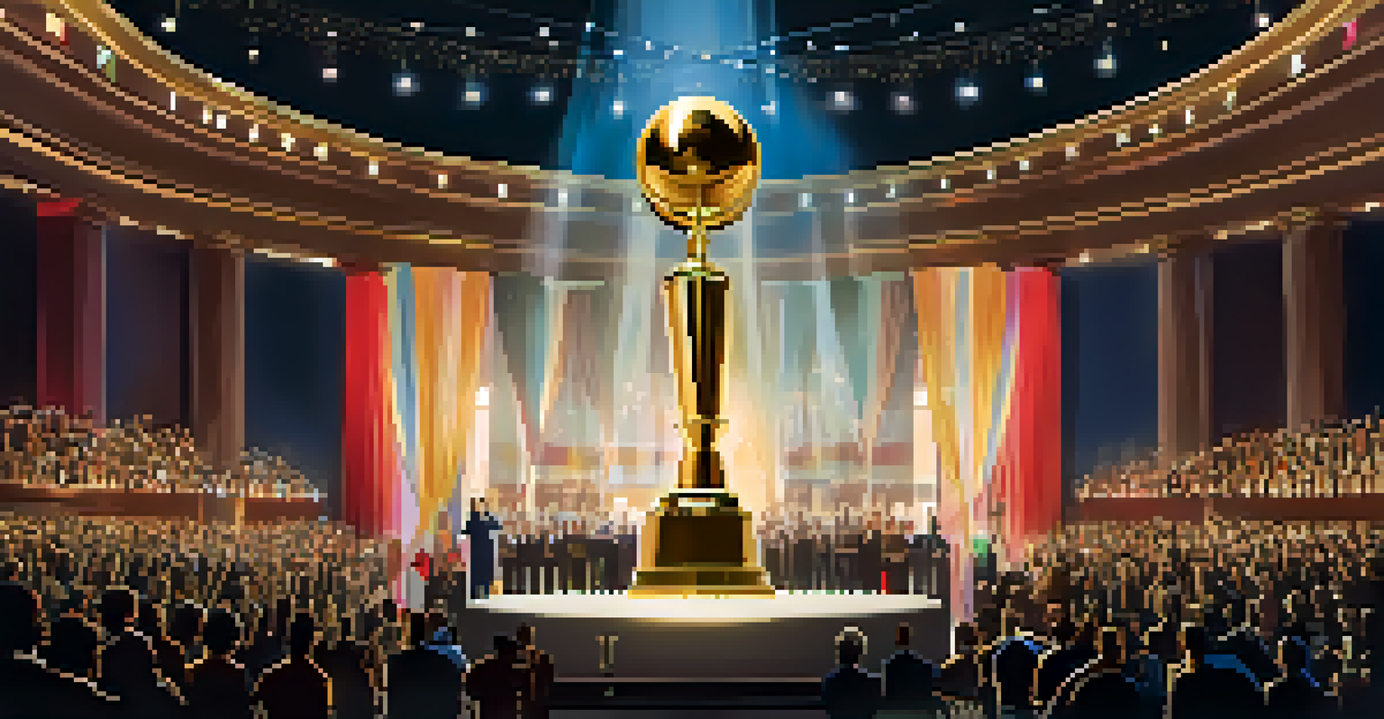 An elegant award ceremony setting featuring a golden trophy under a spotlight, with silhouettes of audience members applauding in the background.