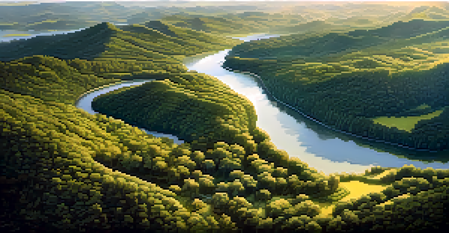 Aerial view of a pristine landscape with hills, forests, and a river, showcasing Indigenous land stewardship.