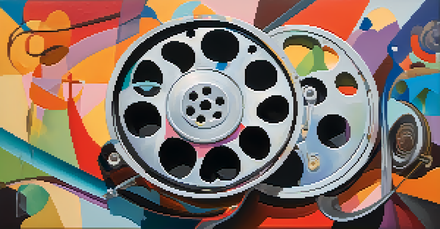 A colorful film reel with images of diverse people expressing emotions, symbolizing mental health complexity.