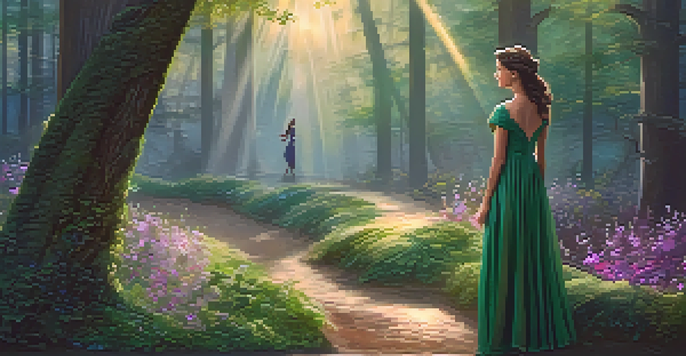A young woman in a flowing dress stands at a crossroads in an enchanted forest, with two paths illuminated by soft light and surrounded by vibrant flowers and mist.