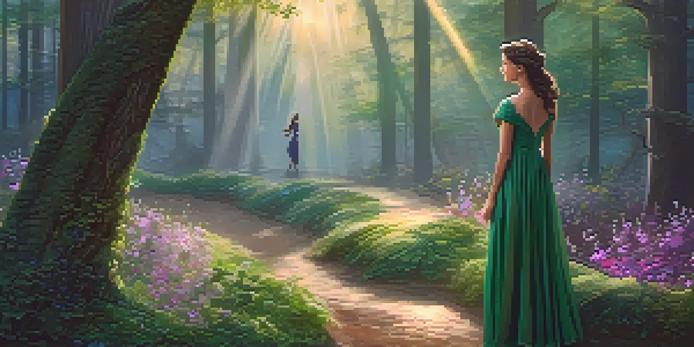 A young woman in a flowing dress stands at a crossroads in an enchanted forest, with two paths illuminated by soft light and surrounded by vibrant flowers and mist.