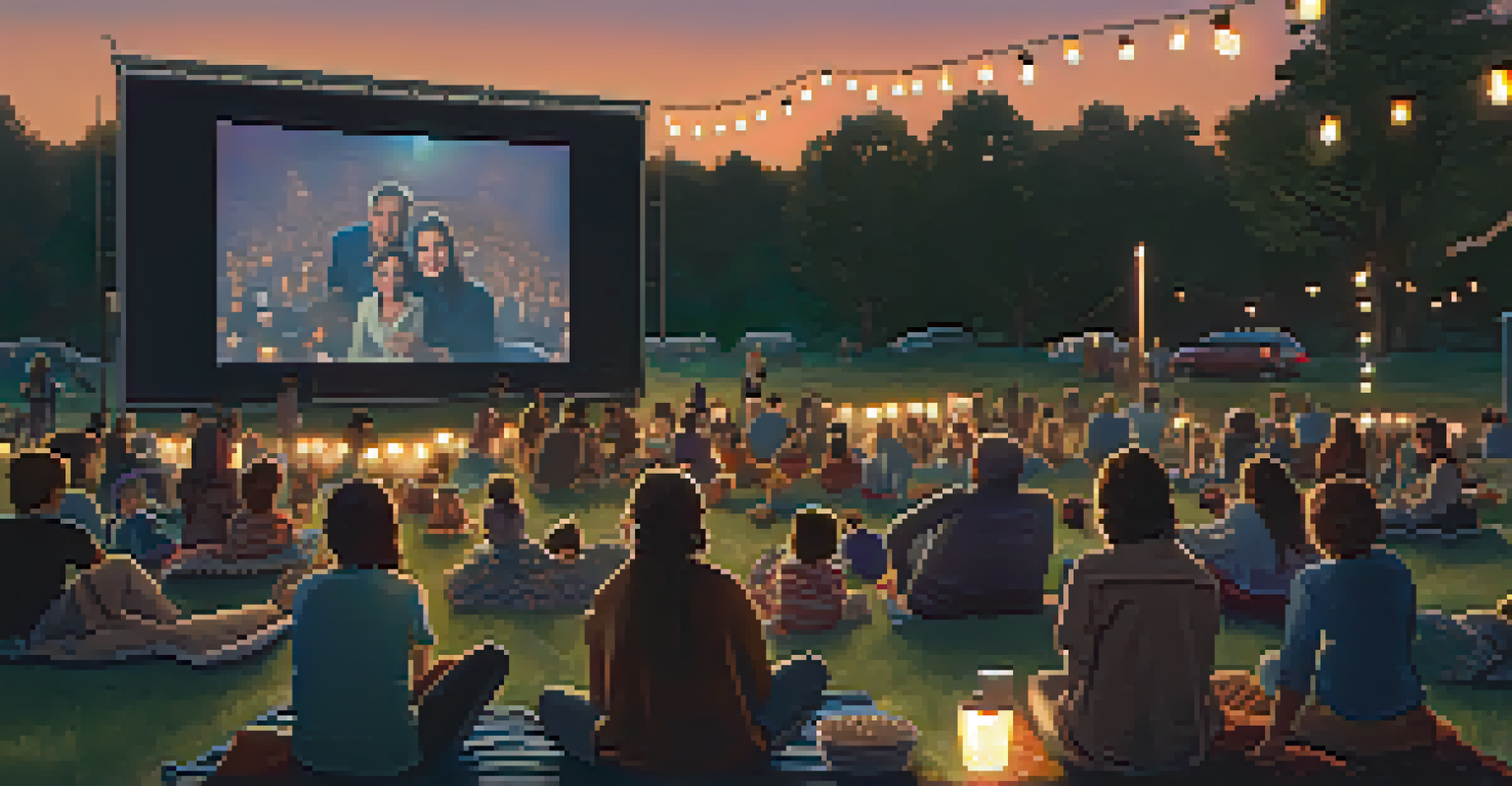 An outdoor movie screening at dusk with people enjoying a classic film on a large screen, illuminated by string lights and the projector's glow.