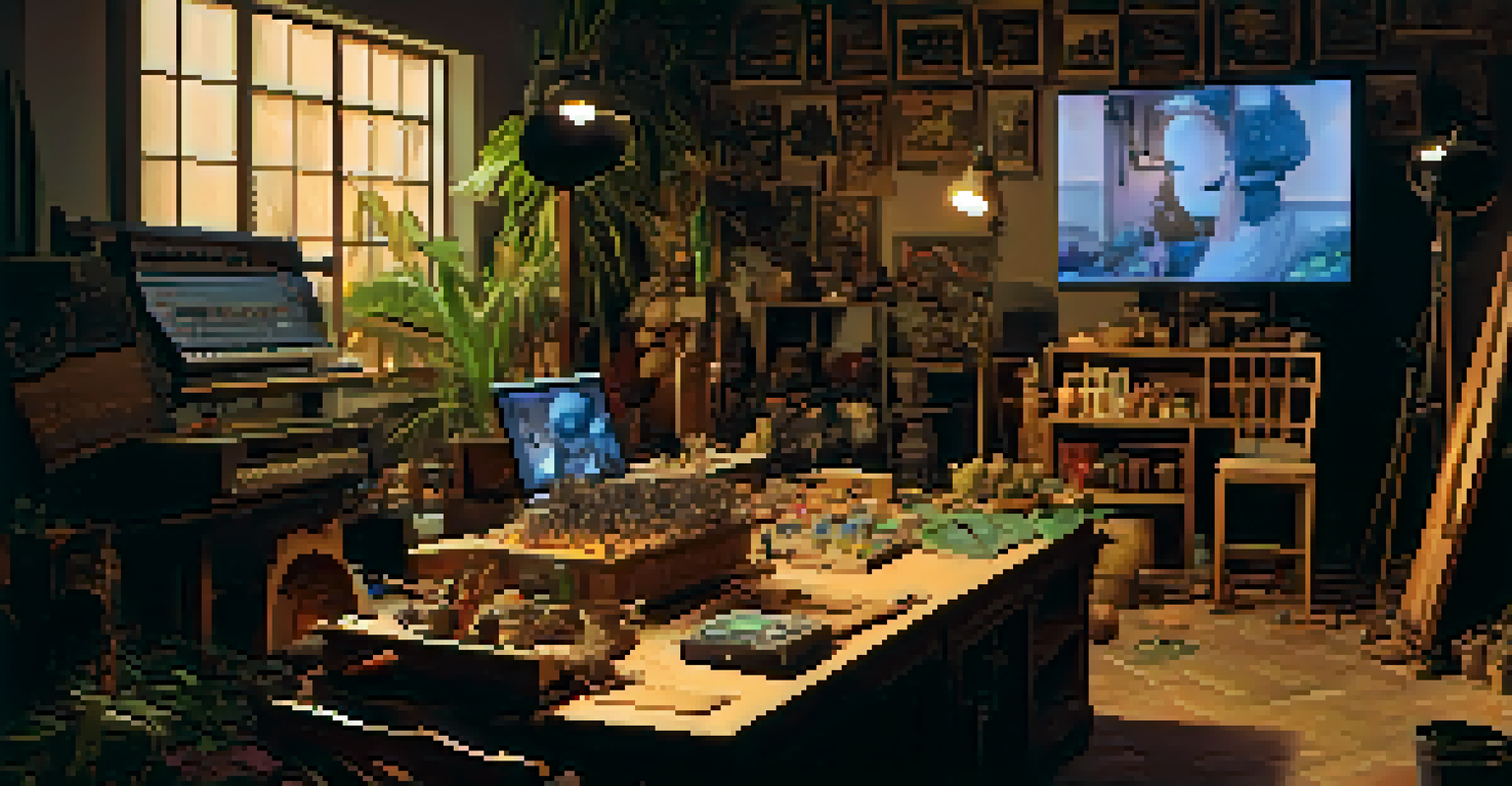 A Foley artist in a studio, surrounded by various props, creating sound effects for a film.