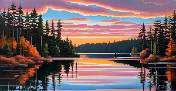 A tranquil lake at sunset with colorful reflections, surrounded by pine trees and a wooden dock.