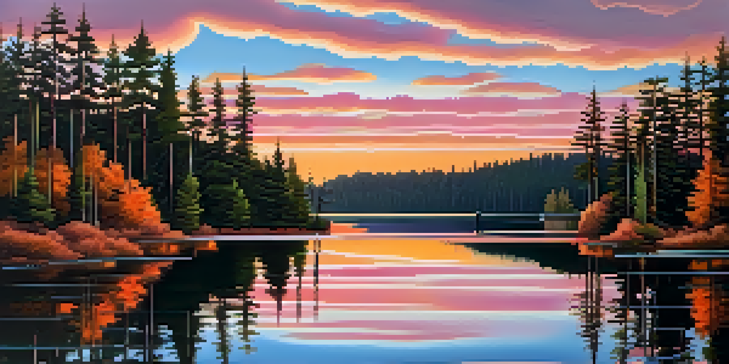 A tranquil lake at sunset with colorful reflections, surrounded by pine trees and a wooden dock.