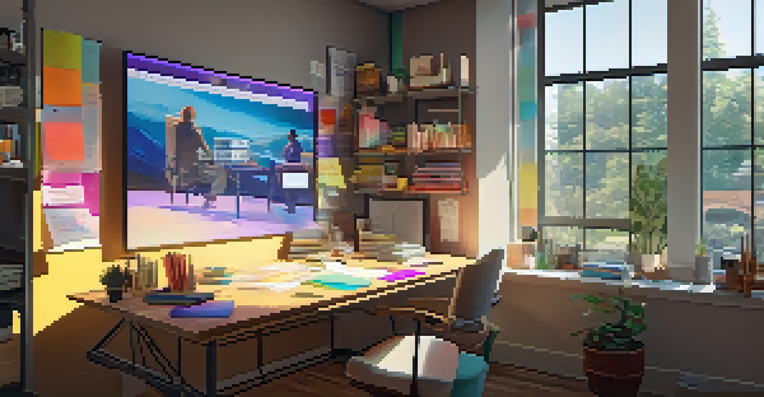 A creative workspace with a large screen showing a video essay, surrounded by notebooks and natural light.