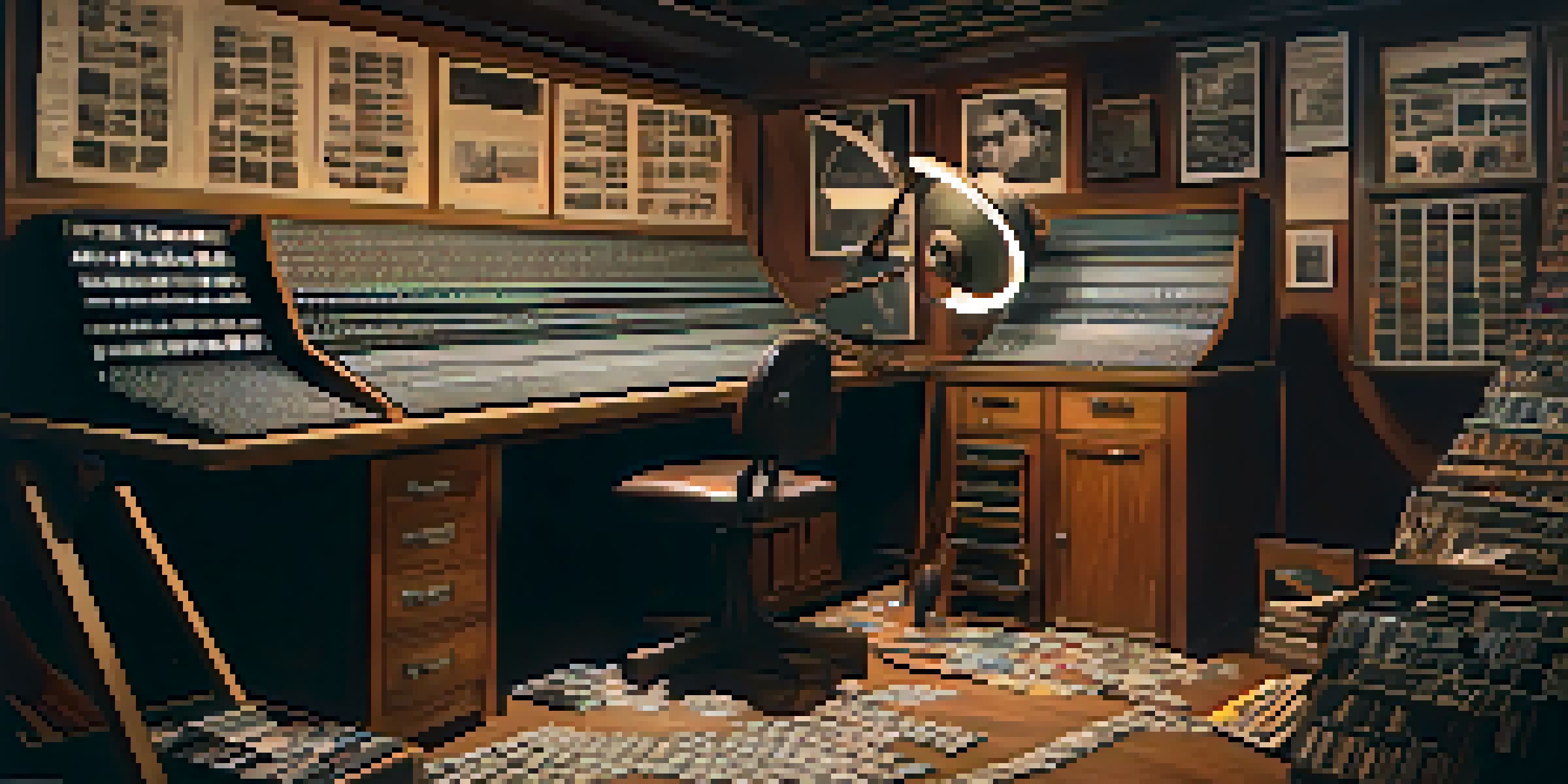 A vintage film editing studio with an editor cutting film strips, surrounded by film reels and old editing equipment.