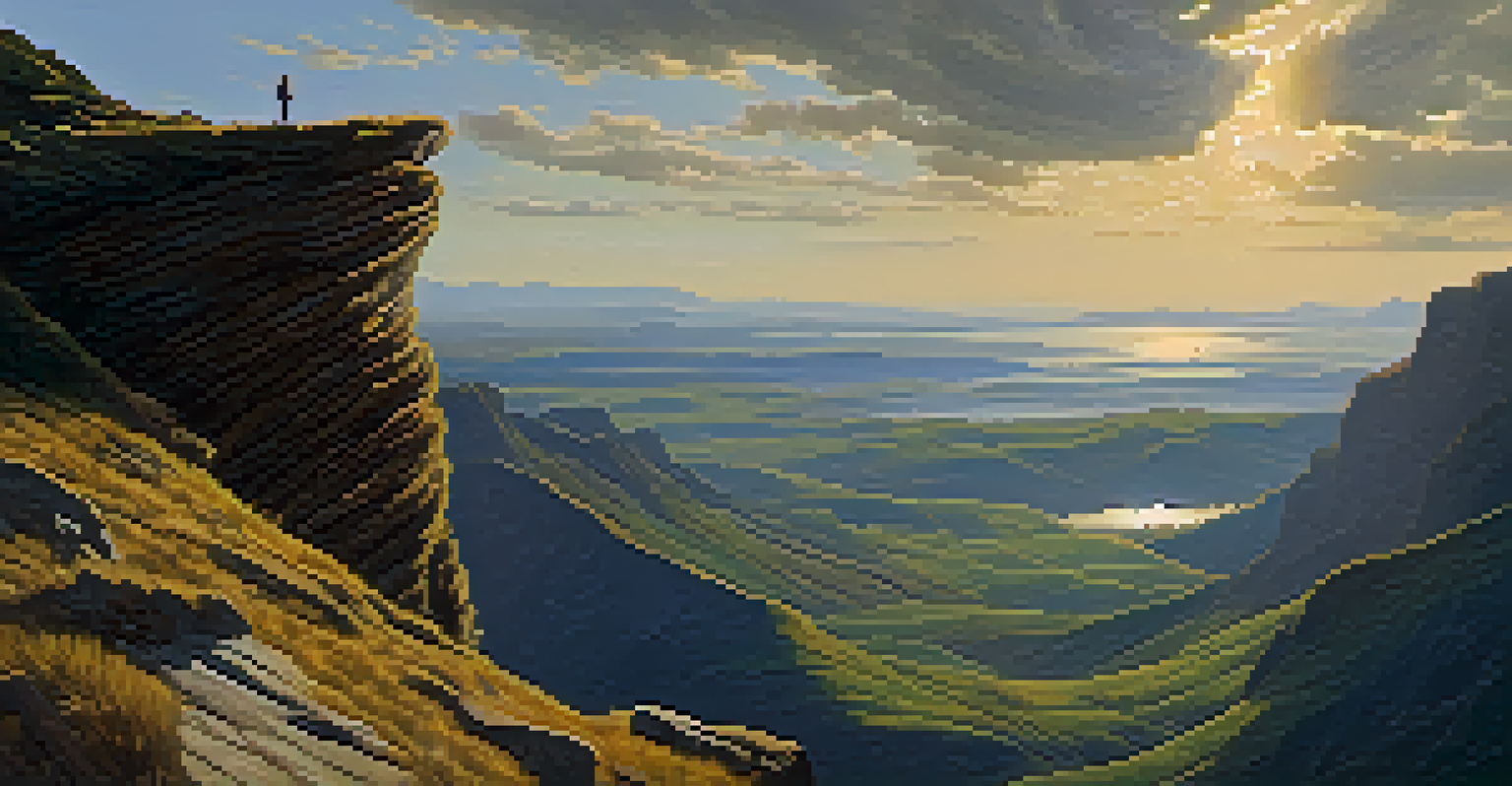 A character on a cliff edge, captured in a sweeping shot with dramatic clouds and sunlight illuminating the landscape.