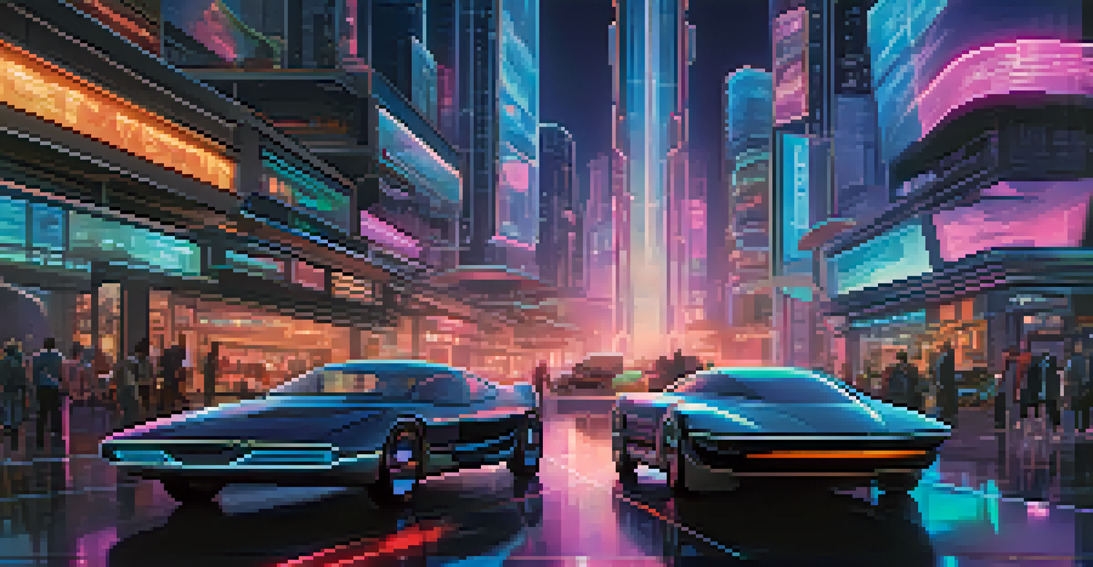A futuristic city at night, illuminated by neon lights and flying cars.