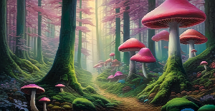 A dreamlike forest with oversized mushrooms and ethereal light, featuring colorful moss and whimsical creatures.