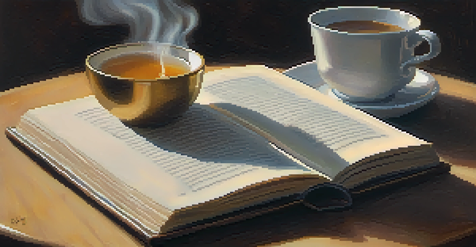 Close-up of a hand holding an open book in a cozy reading nook with a cup of tea on the side, illuminated by warm lighting.