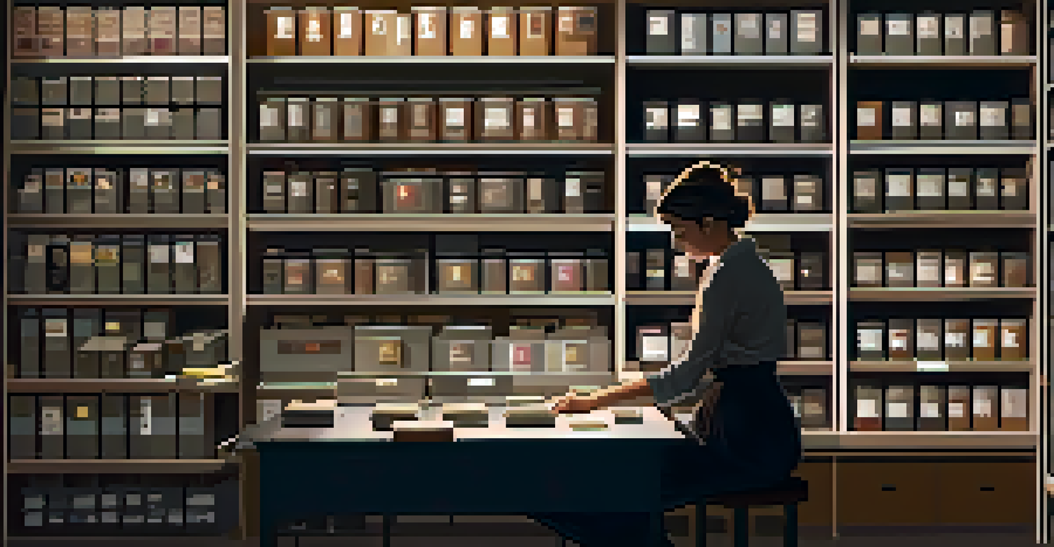 An archivist handling a film canister in a dimly lit film archive filled with organized film canisters.
