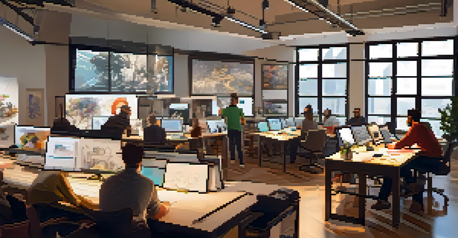 An animation studio with diverse artists collaborating, surrounded by sketches, screens, and cultural artifacts.