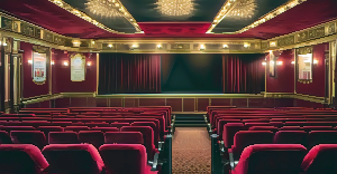 Interior of a vintage cinema hall with ornate decorations, warm lighting, and a classic film poster.