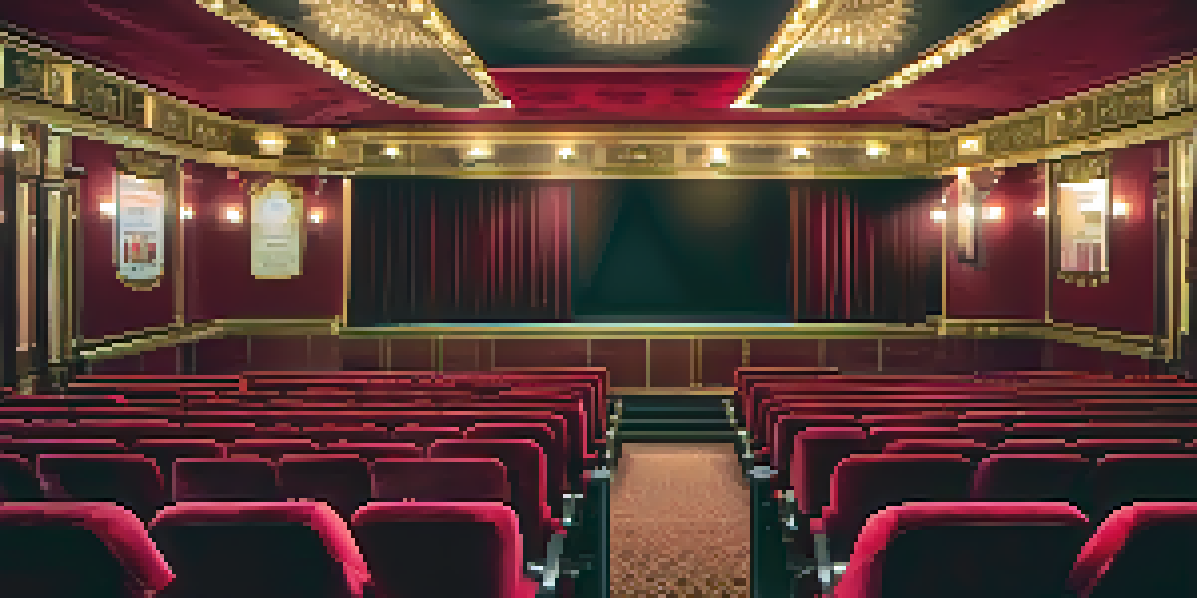 Interior of a vintage cinema hall with ornate decorations, warm lighting, and a classic film poster.