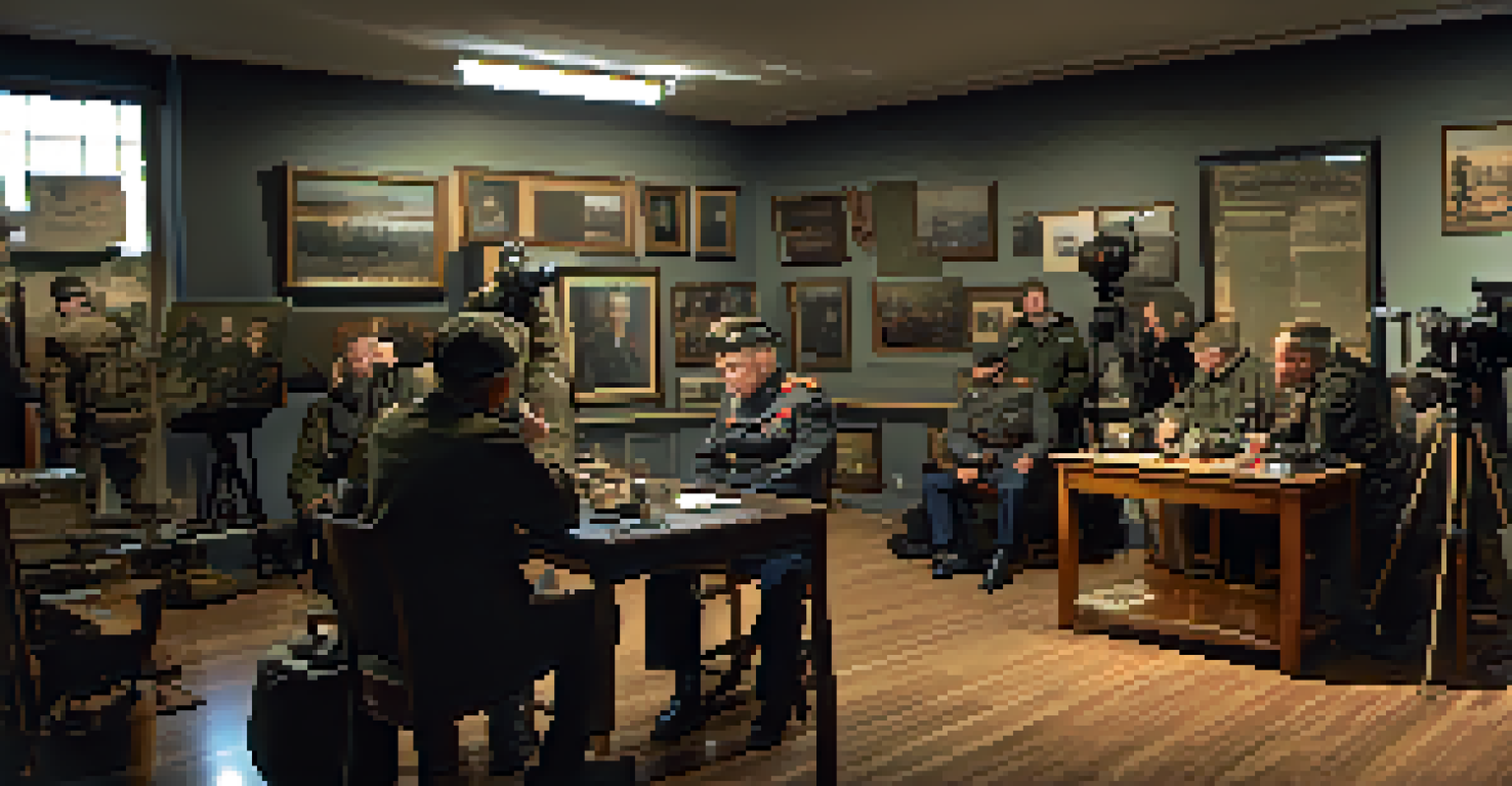 A veteran shares his war experiences in a dimly lit room filled with memorabilia, while a camera crew captures the emotional moment.