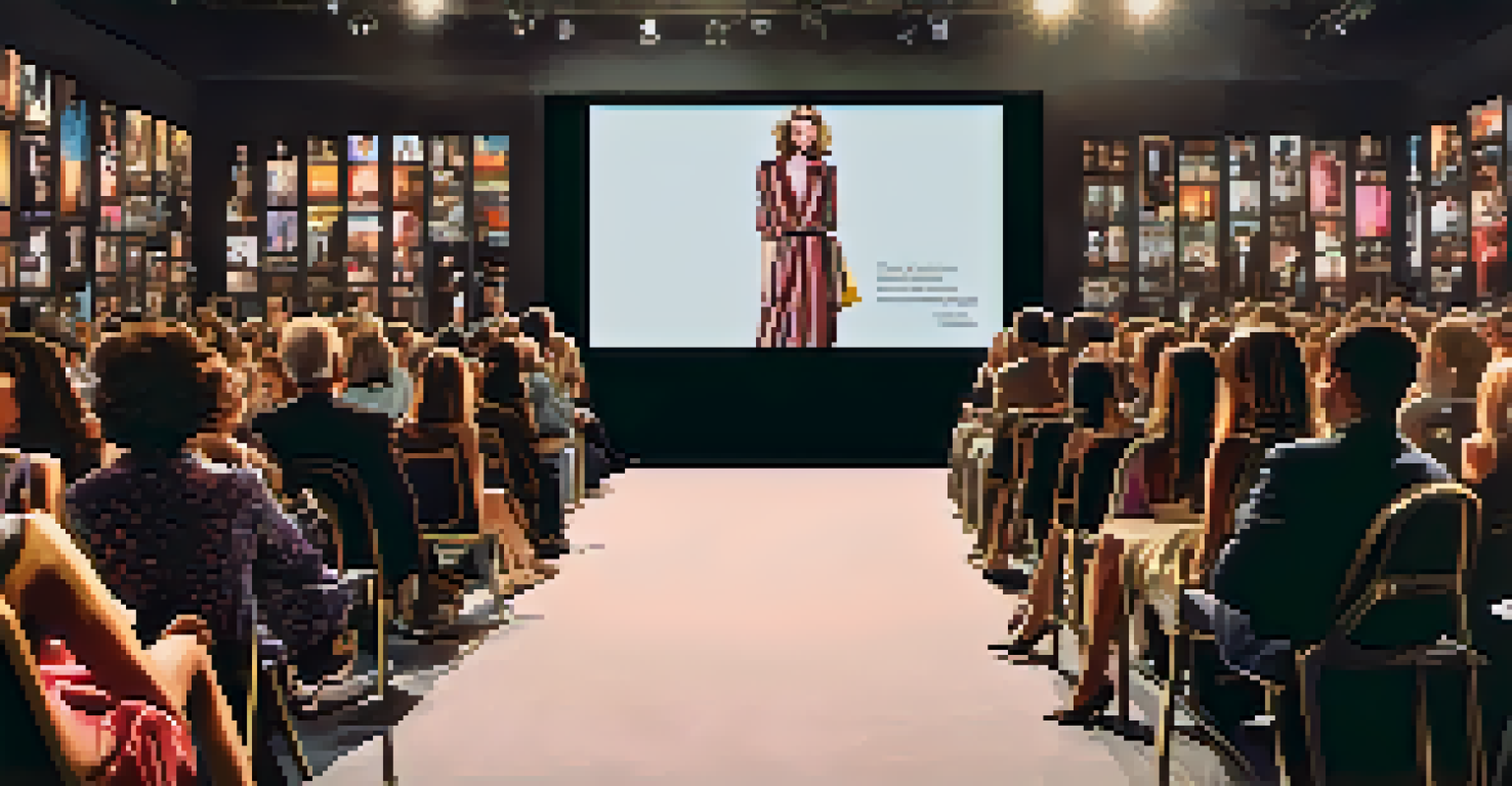 An audience captivated by a fashion documentary screening, with a focus on the large screen showing iconic fashion scenes in a dimly lit room.