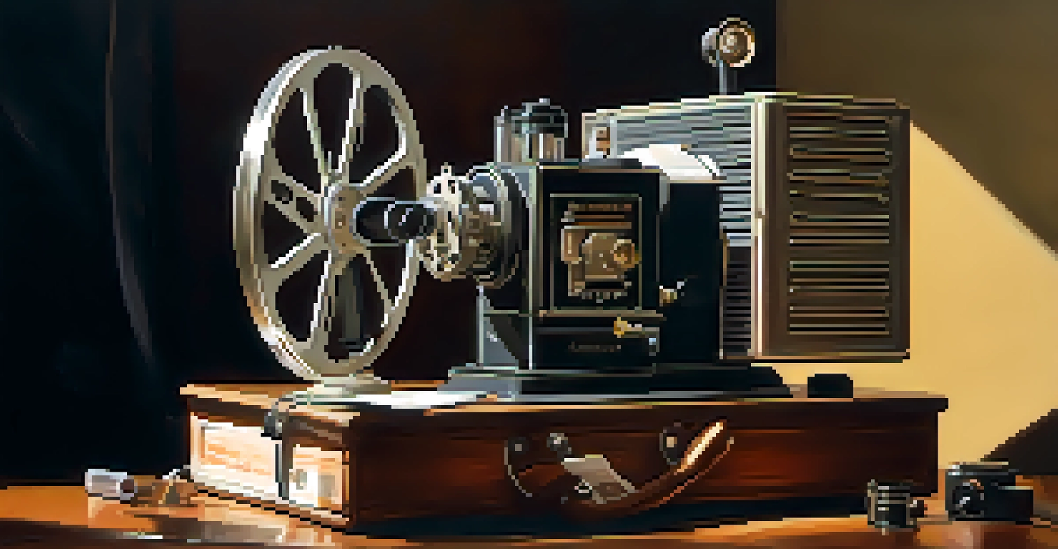 A vintage film projector with film reels and classic film canisters in a softly lit room.
