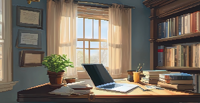A cozy writing space with a wooden desk, notebooks, pens, an open laptop, sunlight streaming through a window, a potted plant, a cup of coffee, and movie posters on the walls.