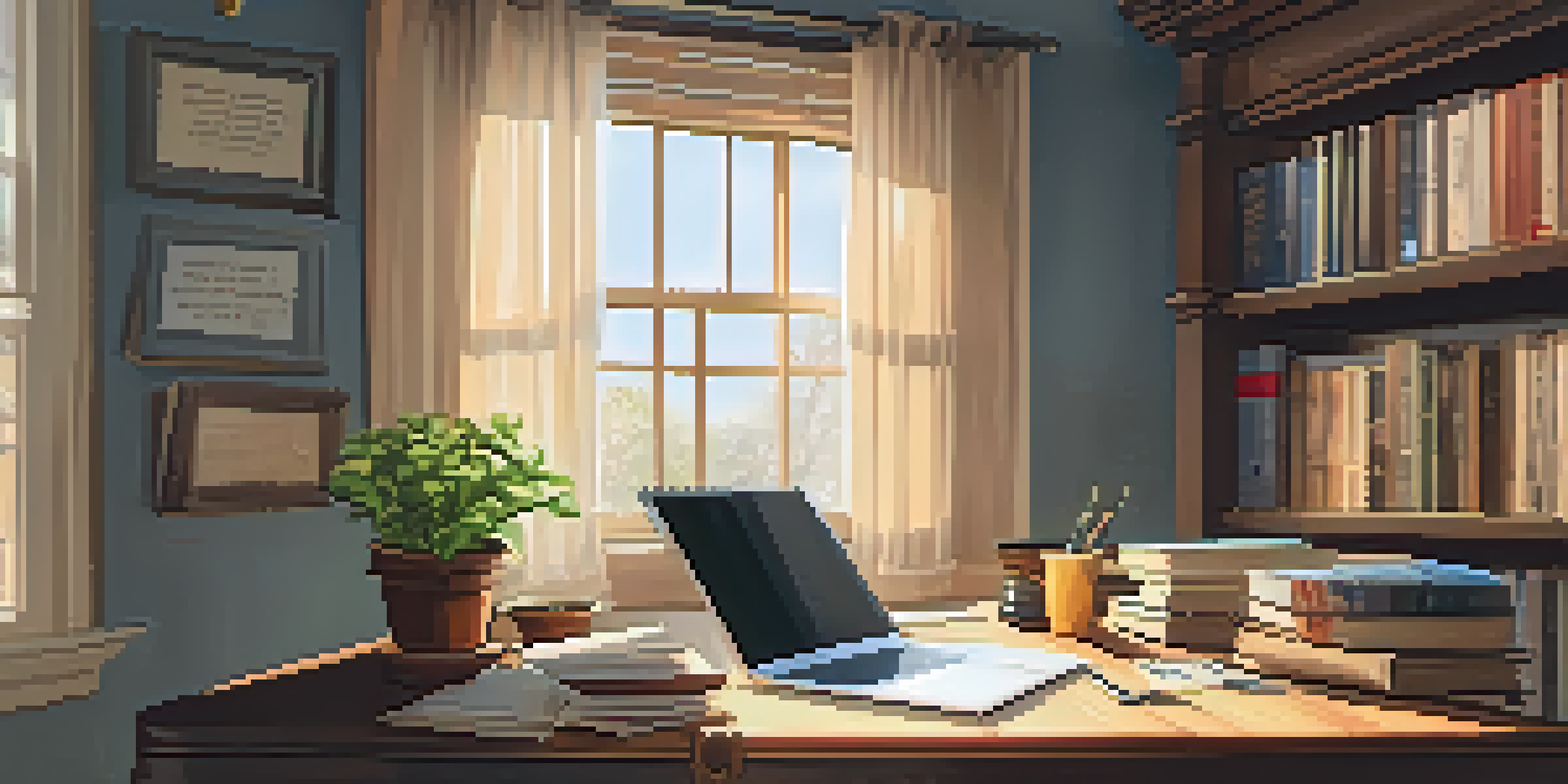 A cozy writing space with a wooden desk, notebooks, pens, an open laptop, sunlight streaming through a window, a potted plant, a cup of coffee, and movie posters on the walls.