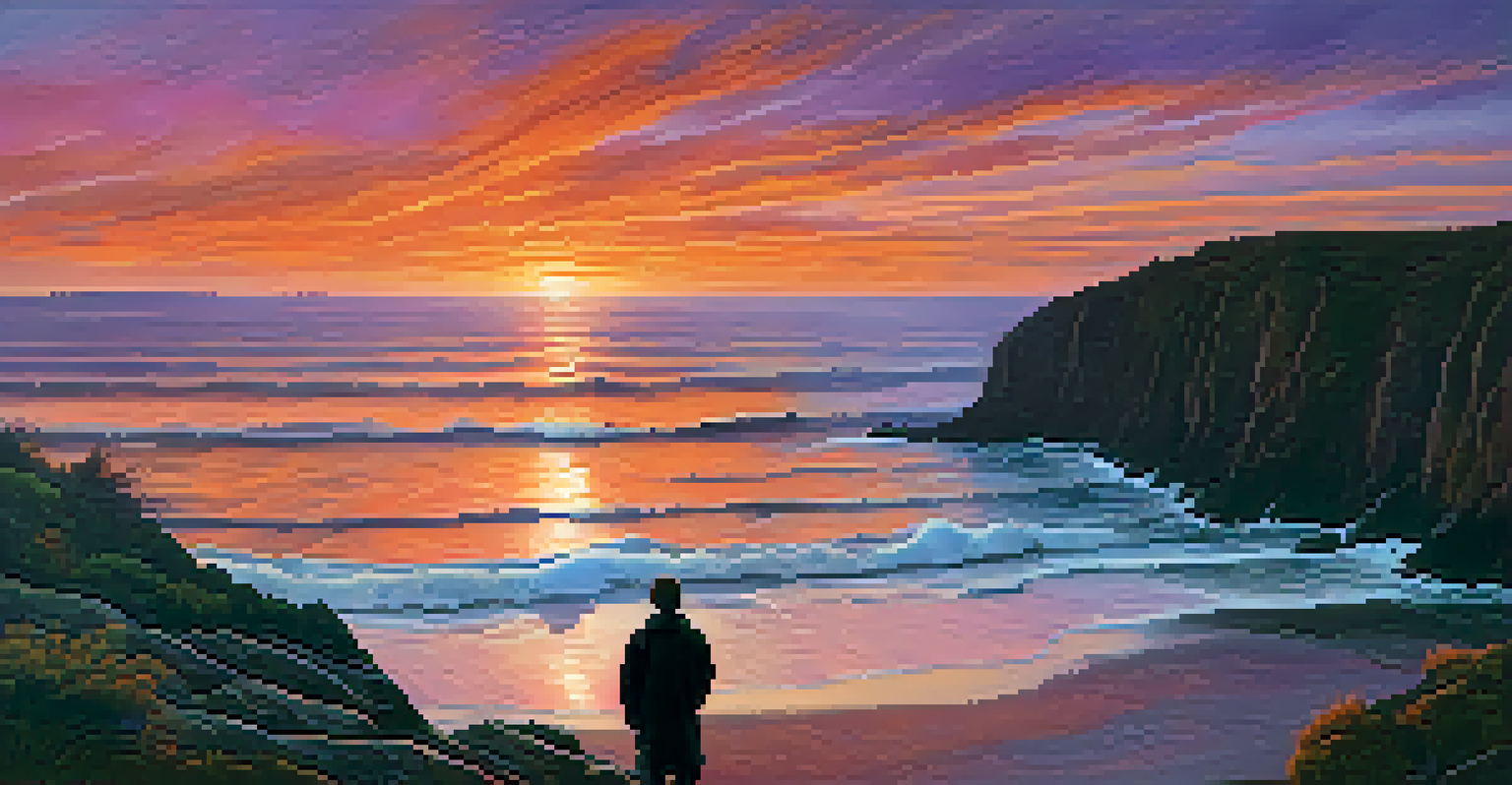 A silhouetted figure standing on a cliff at sunset, gazing at the ocean with vibrant sky colors.