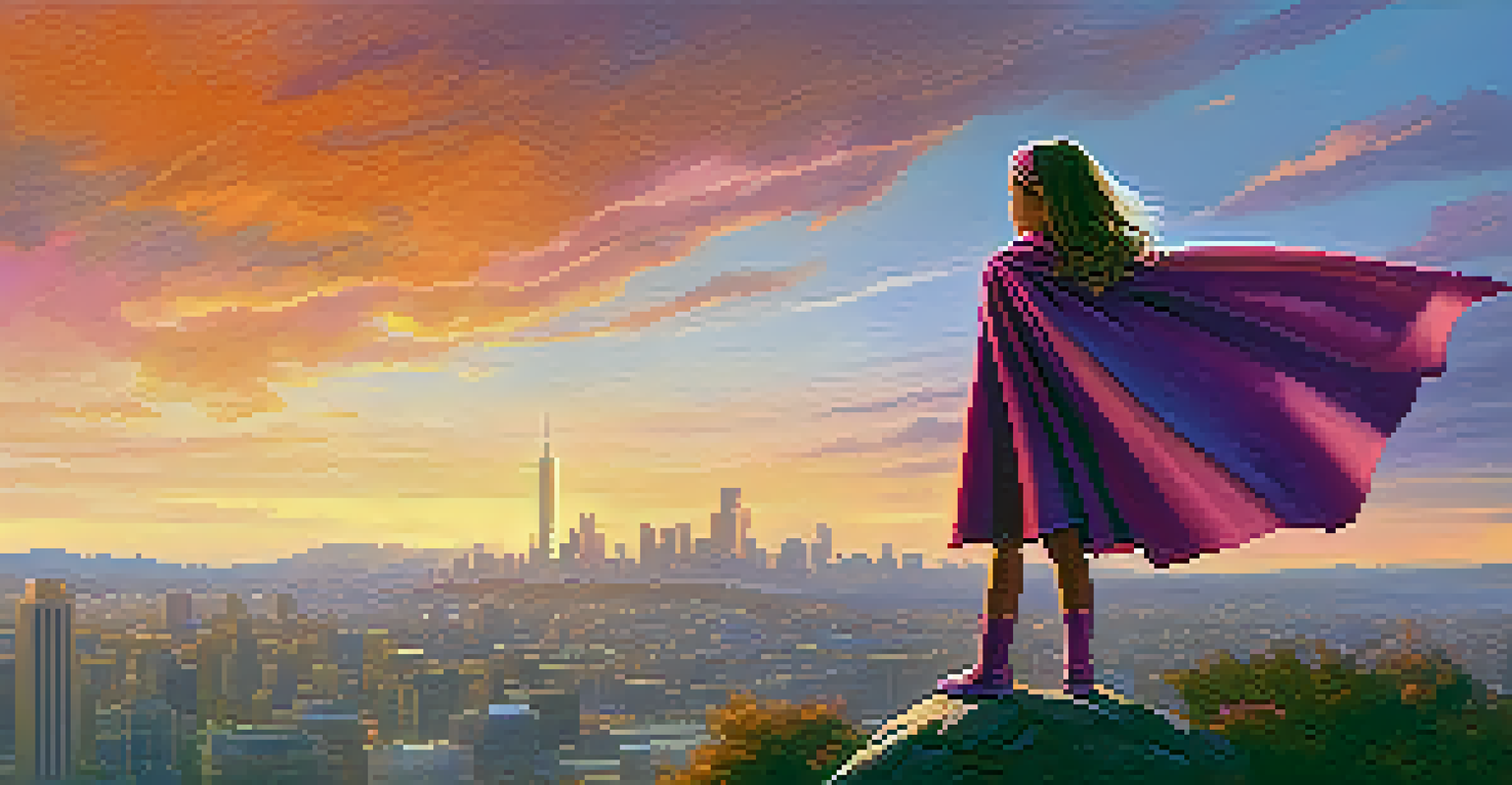 A young girl in a superhero costume standing on a hill with a city skyline in the background during sunset, symbolizing empowerment.