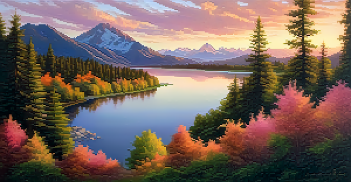 A peaceful landscape with a winding river and a mountain in the background, illuminated by the warm colors of sunset.