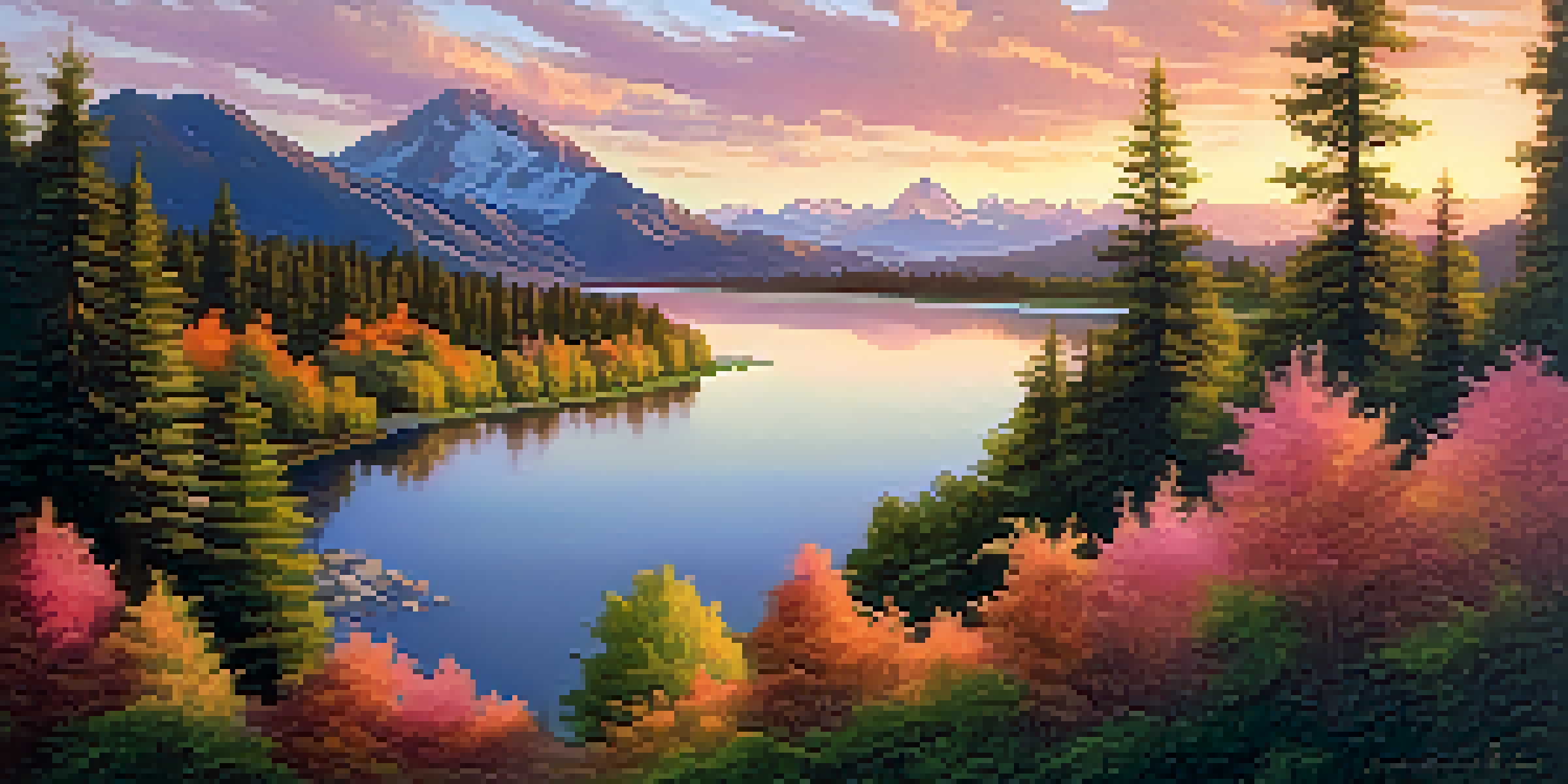 A peaceful landscape with a winding river and a mountain in the background, illuminated by the warm colors of sunset.