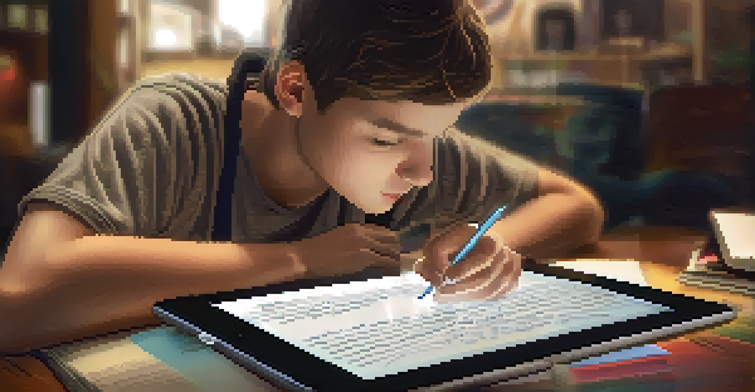 A student taking notes while watching a documentary on a tablet, with an engaging infographic displayed on the screen.