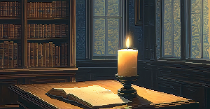 A dimly lit room with a flickering candle on a table, shadows and warm light creating a mysterious atmosphere.