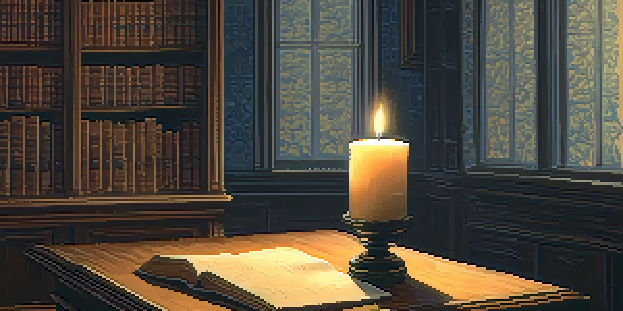 A dimly lit room with a flickering candle on a table, shadows and warm light creating a mysterious atmosphere.