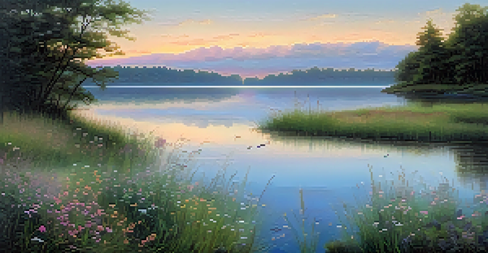 A peaceful landscape at dawn with a calm lake reflecting pastel sky colors and blooming wildflowers.